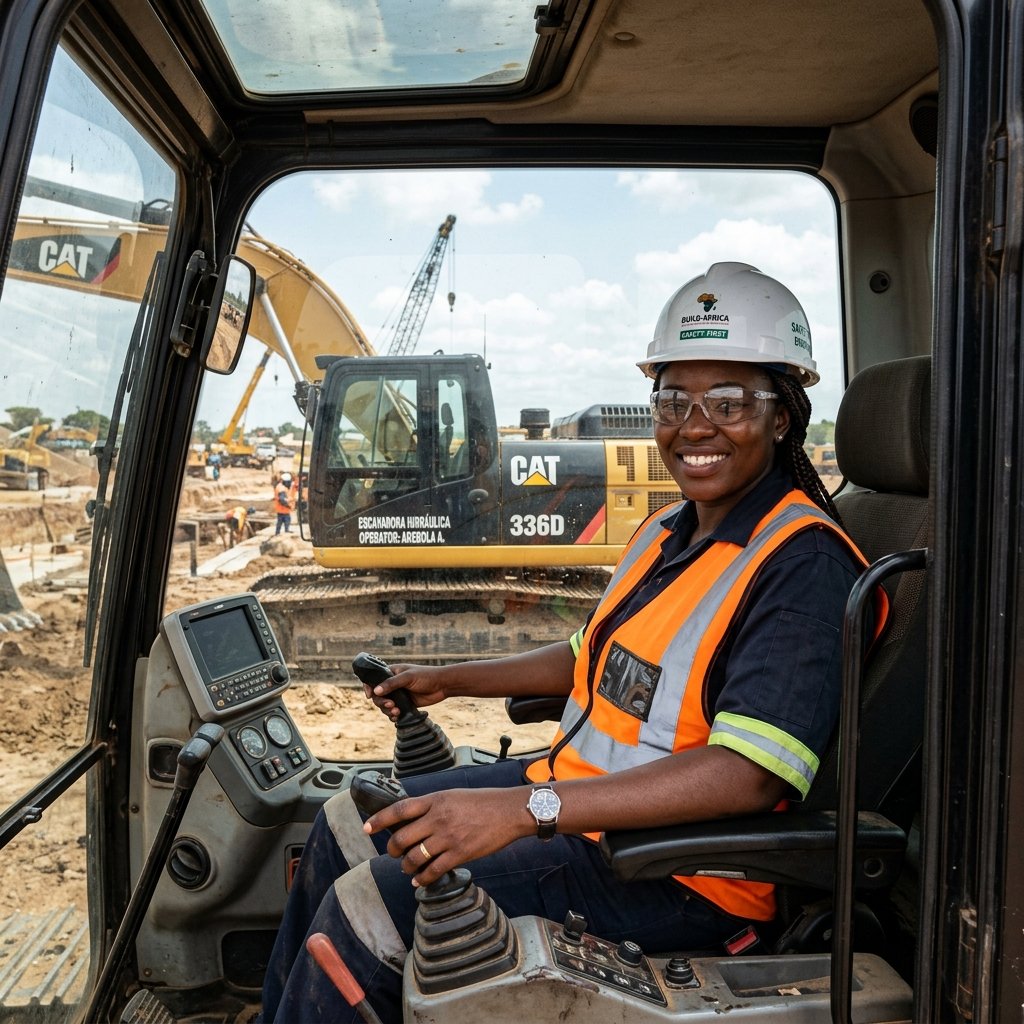 Técnico Africano Operando Escavadora Hidráulica